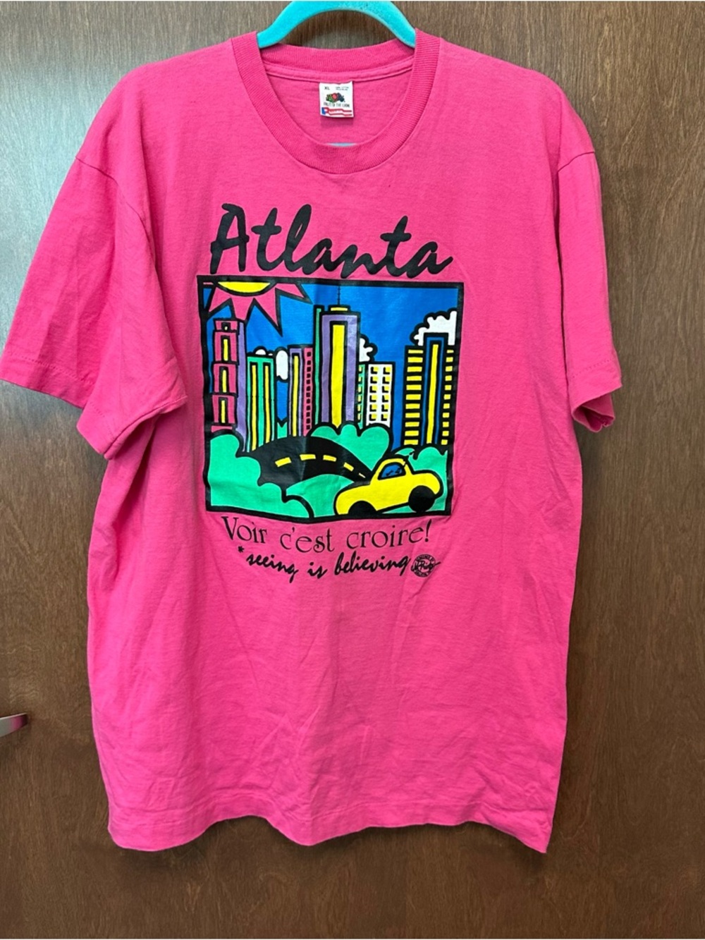 Vintage 80s 90s Atlanta single stitch graphic tee XL hot pink colorful